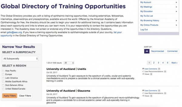 The Global Directory of Training Opportunities, offered by the American Academy of Ophthalmology